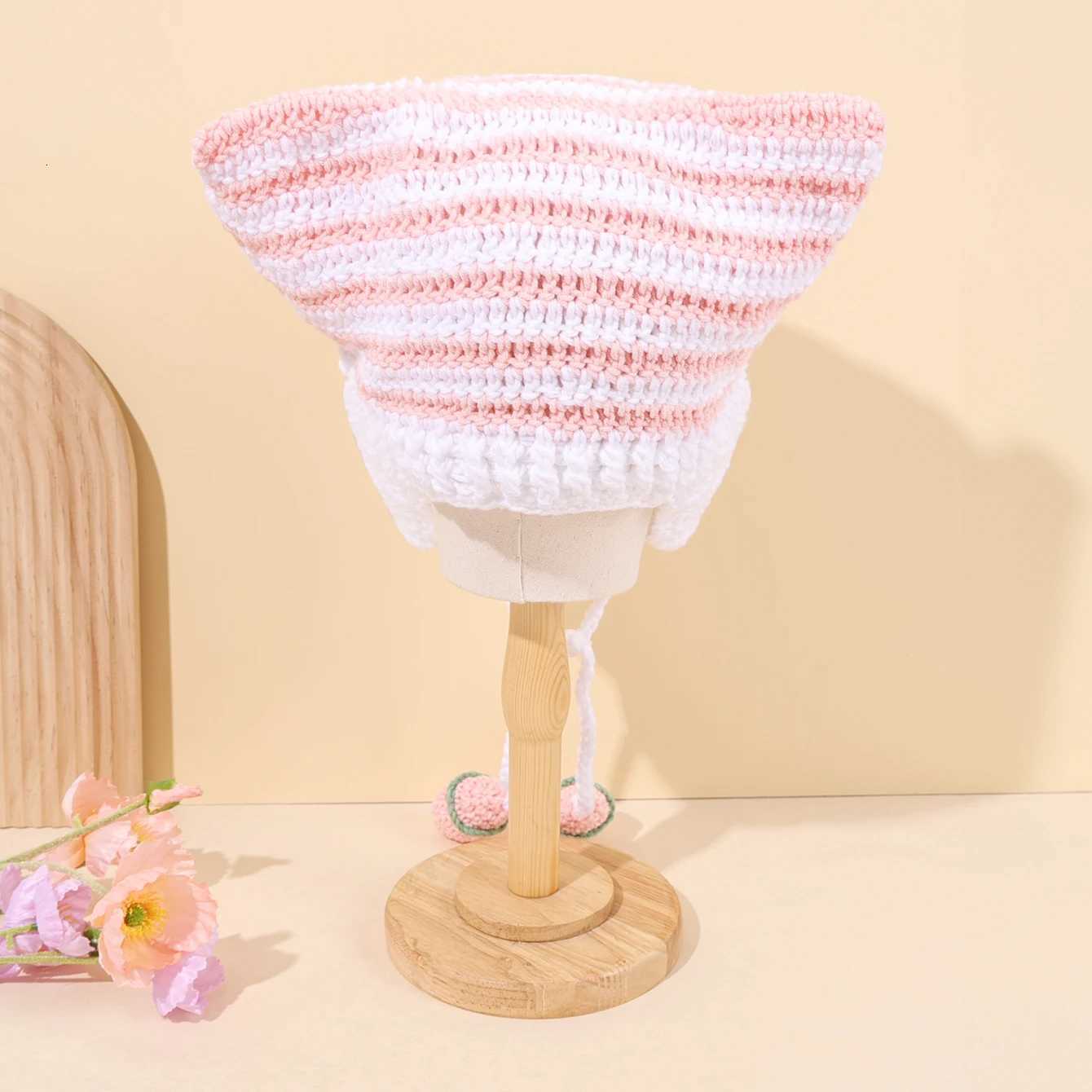 Cute cat ear handmade knitted hat ear demon horn striped beanies hat suitable for Halloween gift Y250920