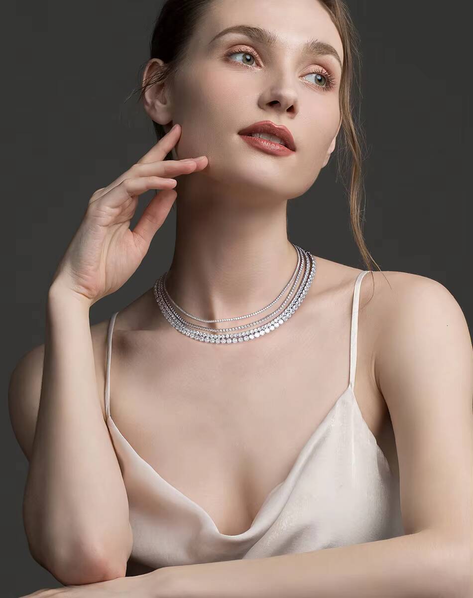 RINNTIN BSC47 Solid 925 Sterling Silver Tennis Chain Necklace Womens 3mm Round Moissanite Tennis Necklace