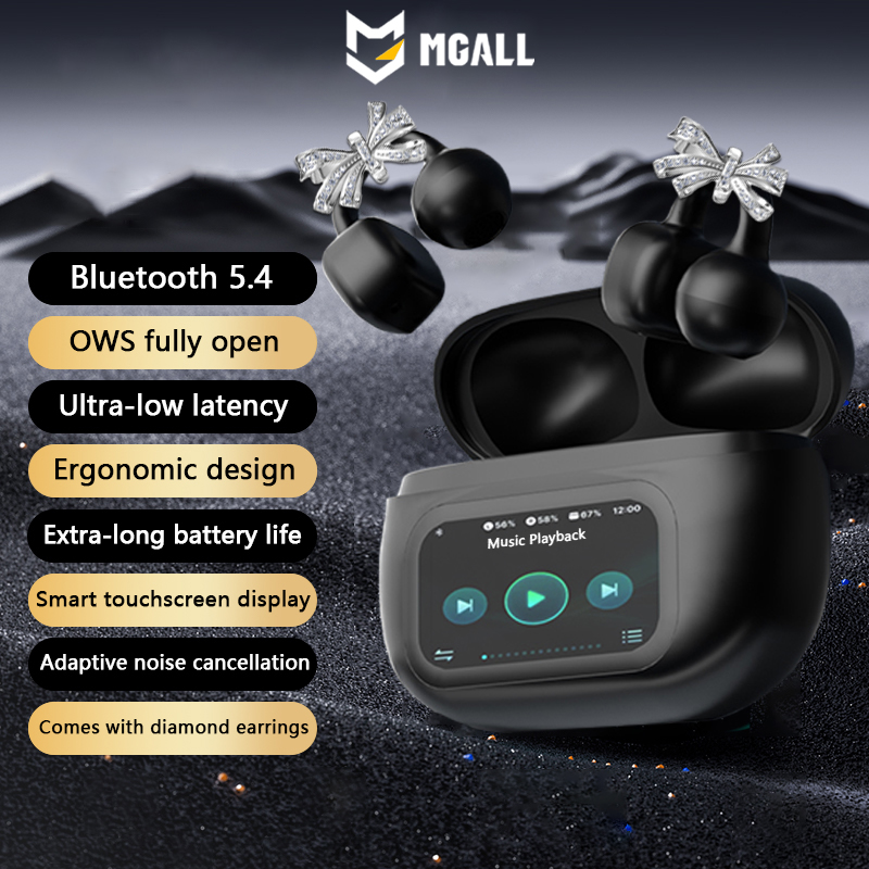 MGALL Wireless Bluetooth Earphones HY-C02 LCD Full Color Touch Screen Headphones Mic Noise Cancellation Stereo Sound Earphones