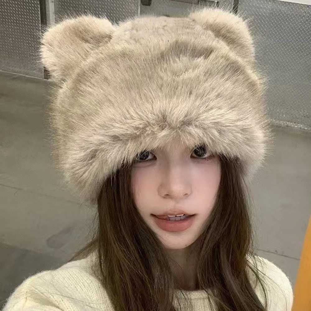 Cute Wen Solid Color P Hats Warm Autumn Winter Korean Little Bear Ears Cute Mongolian C Windproof Ear Protection Bonnets Y250920
