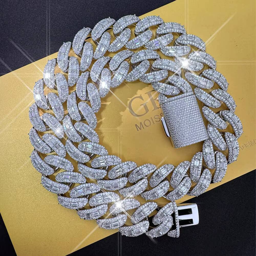 20mm Hiphop Cuban Link Chain 925 Sterling Silver Iced Out Miami Emerald Moissanite Cuban Chain