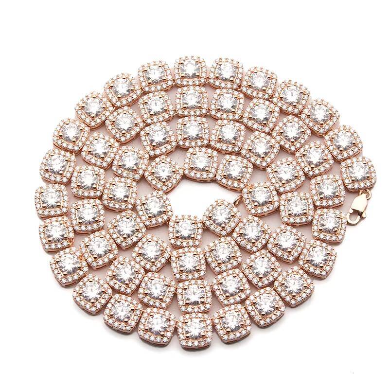 8MM Bust Down Mossanite Rose Gold Plated Chain Necklace 925 Silver Moissanite Iced Out Tennis Cluster Chain