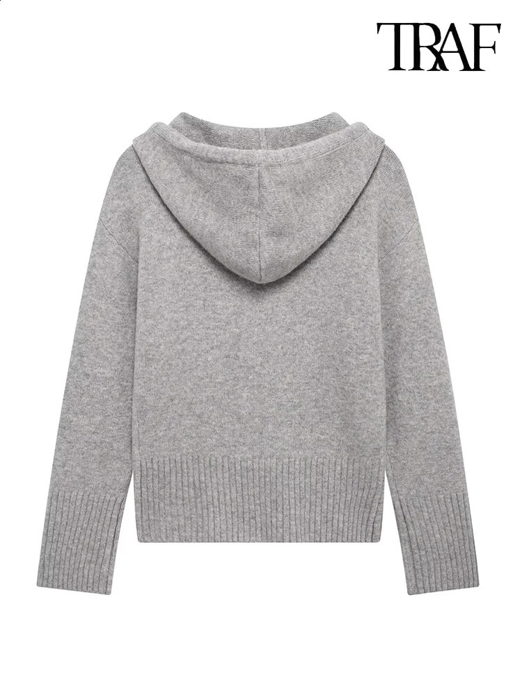 TRAF Womens Fashion FallWinter Minimalist Hooded Knit Cardigan Jacket Ribbed Hem Long Sleeve LaceUp Casual Sweater 250923