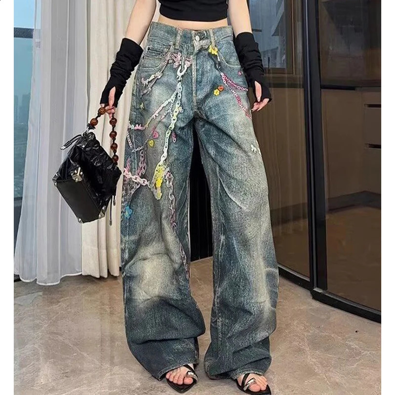 Hiphop Chain Print Jeans Women American Vintage High Street Punk Denim Pants Jazz Inspired Loose Harajuku Y2K Lazy Trousers 250920