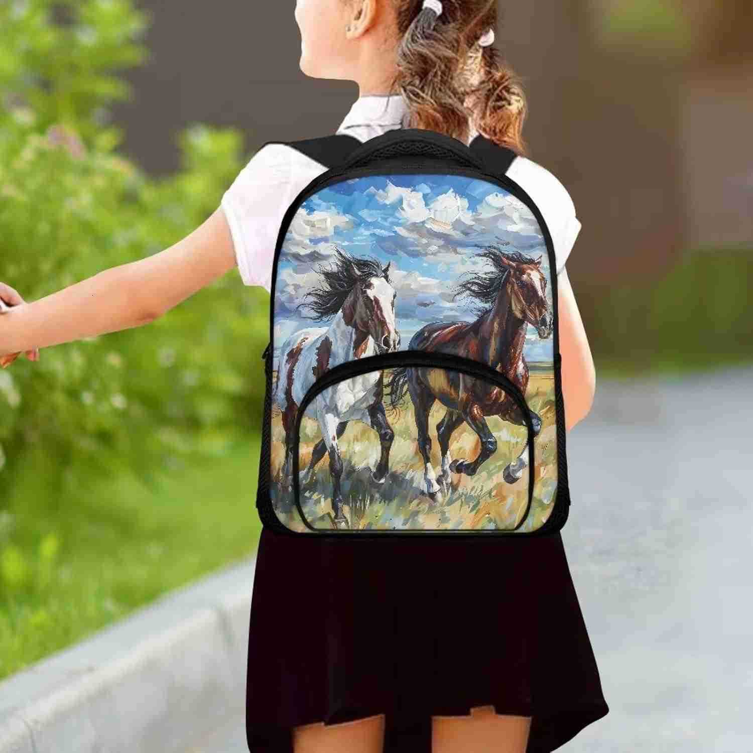 12 Inch School Bag for Girls Boys Prancing Horses Bookbag for School Oil Painting Backpack with Shoulder Straps Portable Travel Daypack with Handle Tr