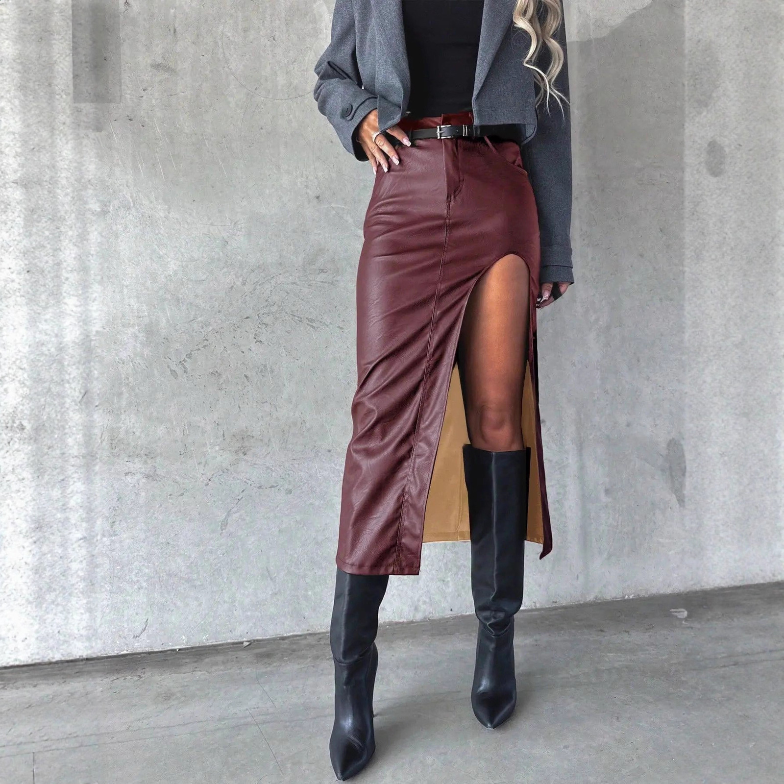 Wolfeel Retro Velvet PU Leather Skirt Split Womens Autumn/Winter Fashionable Office Lady High Waist Leather Skirt 241214