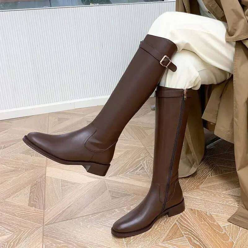 Black Elegant with Low Heels Shoes for Woman Long Brown Women's Boots Winter Knee High Shaft Stylish Lastest Price Goth