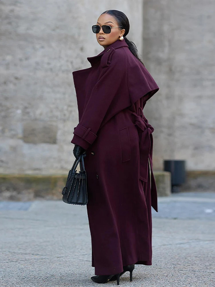 Womens Wool Blend Maxi Dress Coat Oversized Cape Lapel Belted Chic Outerwear Loose Thin Autumn Winter Fashion Streetwear y250919