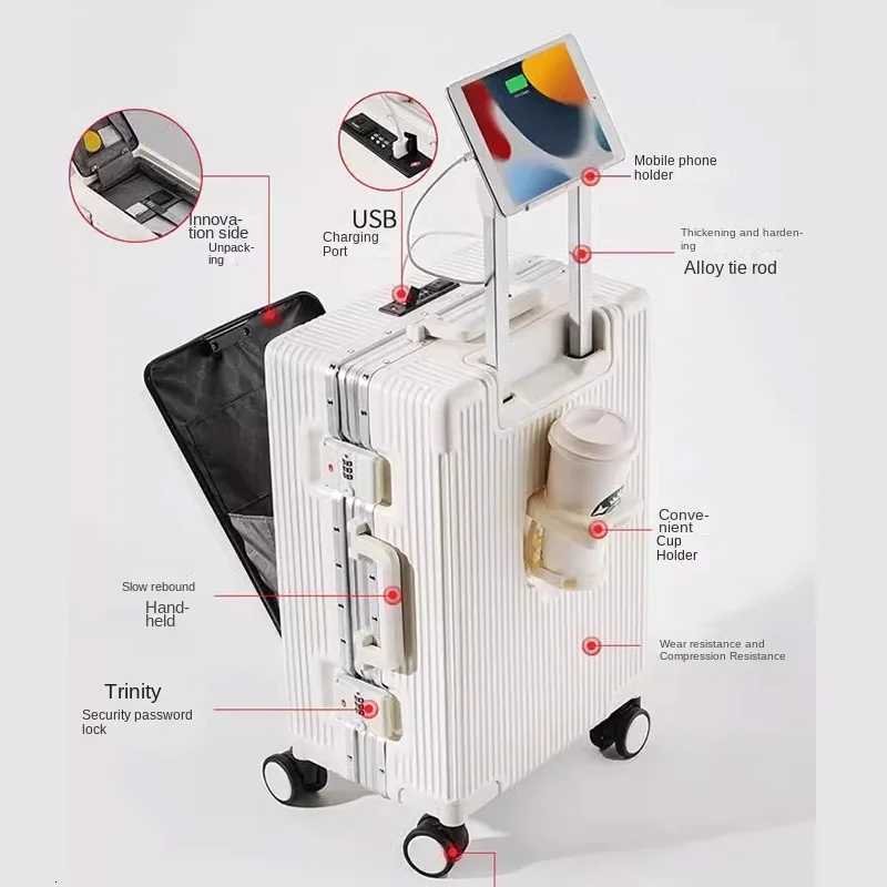 New Suitcase Front Opening Laptop Bag Aluminum Frame Luggage with USB Port Password Trolley Case Travel Suitcases 2028 inch W250920