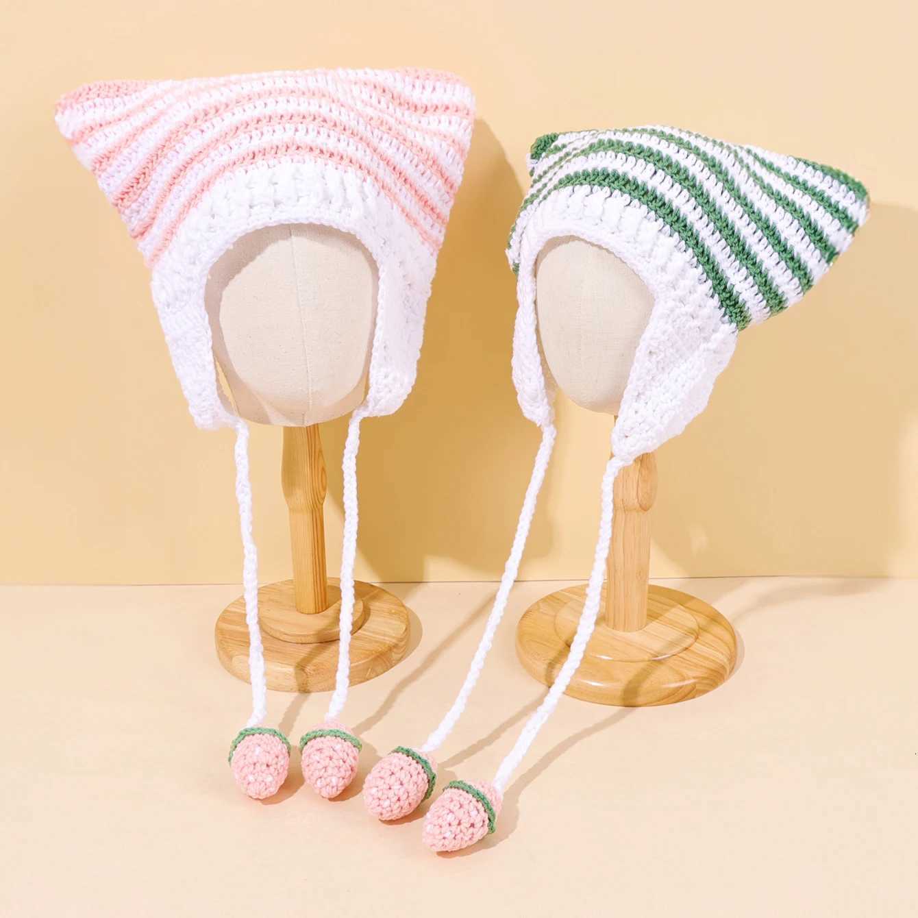 Cute cat ear handmade knitted hat ear demon horn striped beanies hat suitable for Halloween gift Y250920