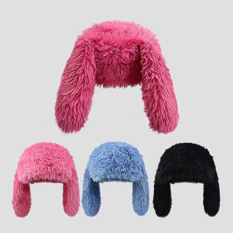 Long Ear Rabbit Wen Pr C Cute Solid Girl P Beanie Winter Warm gear Bonnet Korean Fluffy Fur Knitted Hat Y250920