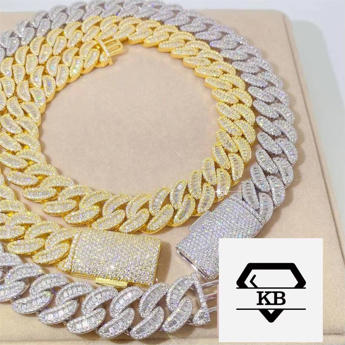 Hip Hop Jewelry 925 Sterling Silver 15mm Baguette Cut Diamond Luxury Moissanite Cuban Link Chain