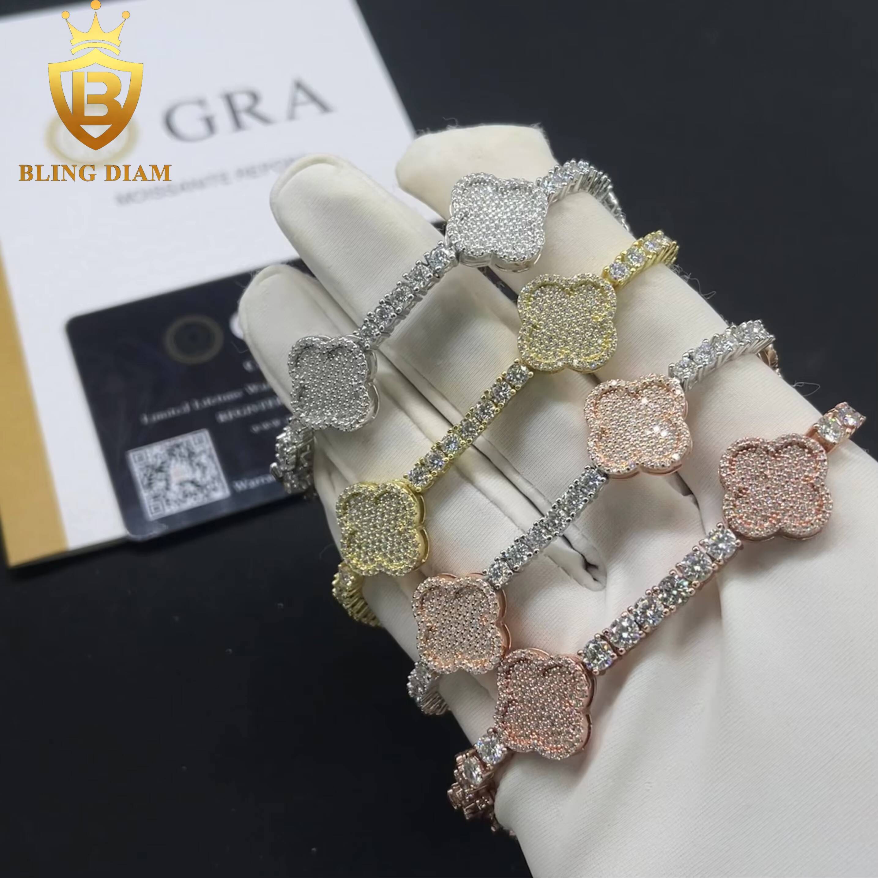 Luxury Charms Bangle Jewelry 3mm 4mm 925 Sterling Silver Rose Gold Vvs Moissanite FourLeaf Clover Bracelets for Men Women