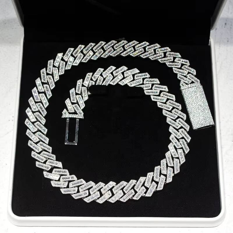 15mm Baguette Moissanite Iced Out Bling Diamond Cuban Link Chain Hip Hop Jewelry Cuban Necklace