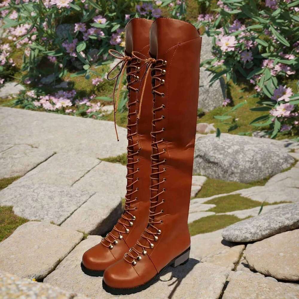 Classic Lace Up Women'S Outdoor Low Heeled Round Toe Shoes Western Bandeau Over Knee Boots Retro Tall Footwear 2024