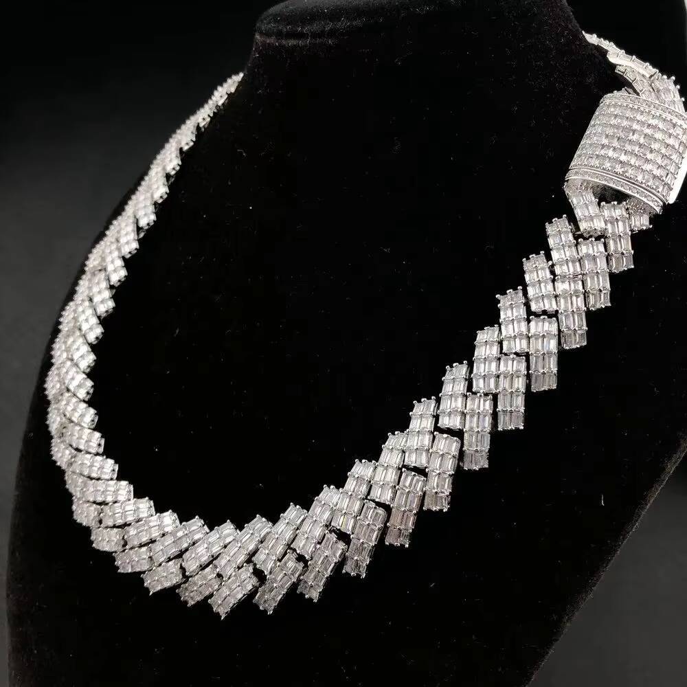 Hip Hop Rapper Jewelry 19mm 925 Silver Double Row Baguette Moissanite Miami Iced Out Cuban Chain Link Necklace