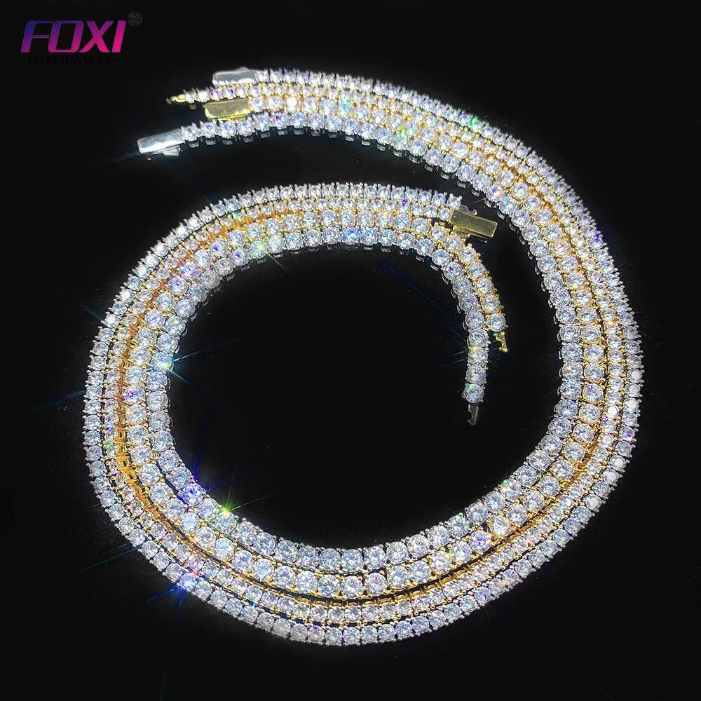 Hip Hop S925 Tennis Necklace VVS D Colorround 3mm Diamond Iced Out Past Tester Customized Trend 10k 14k Gold Moissanite Tennis Link Chains