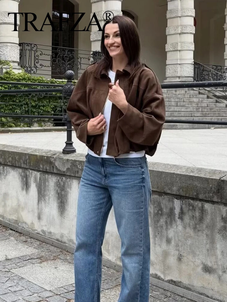 TRAFZA Vintage Womens Suede Texture Bomber Jacket Autumn Lapel Zipper Long Sleeve Oversize Female High Street Outerwear 250923