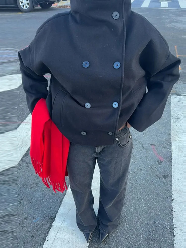 Solid Turtleneck DoubleBreasted Pocket Coats Women Casual Loose Full Sleeve Female Jacket Autumn Office Lady Jackets 250923