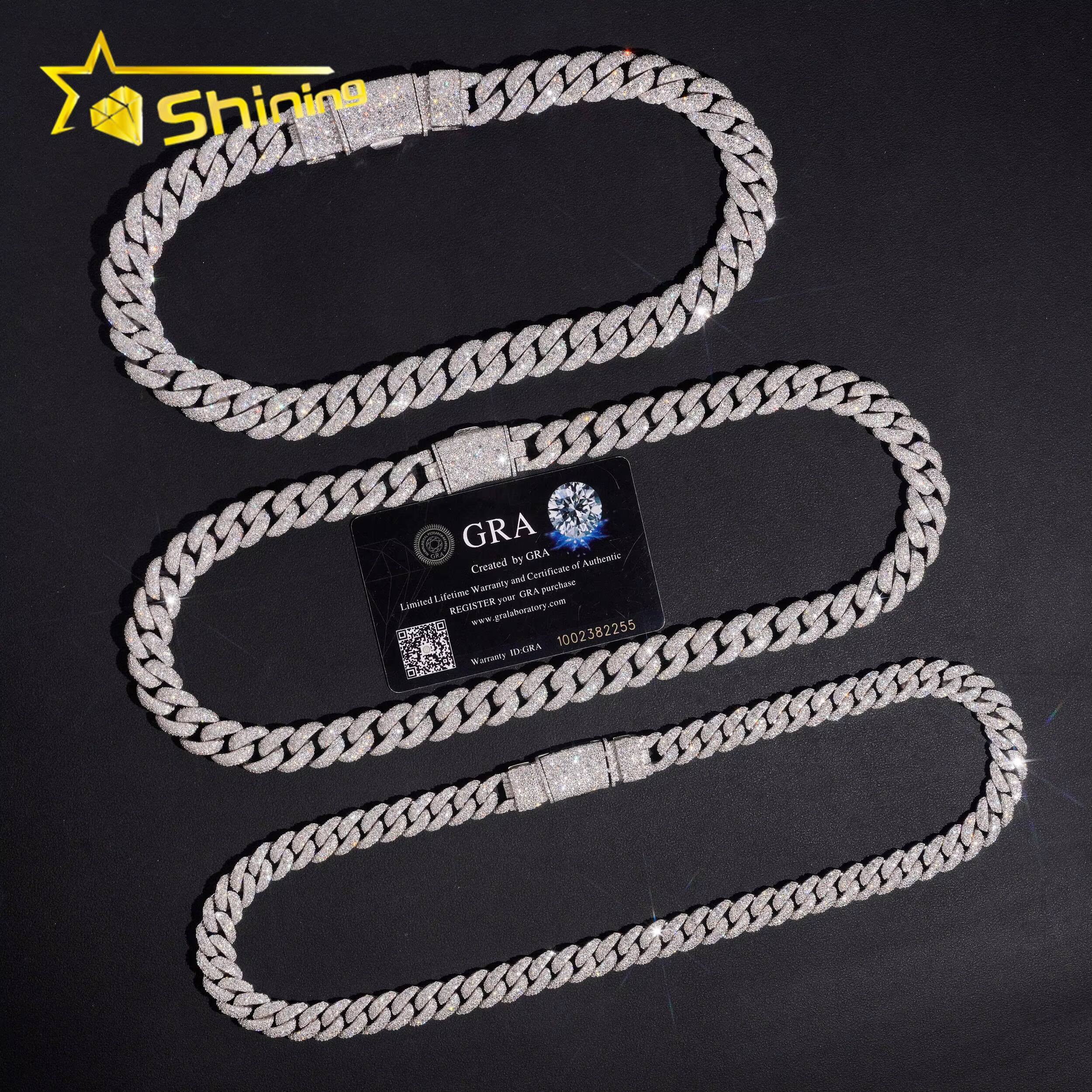 Hip Hop Jewelry 12mm 14mm 15mm Mosaic Setting Moissanite Diamond 925 Silver Cuban Link Chain