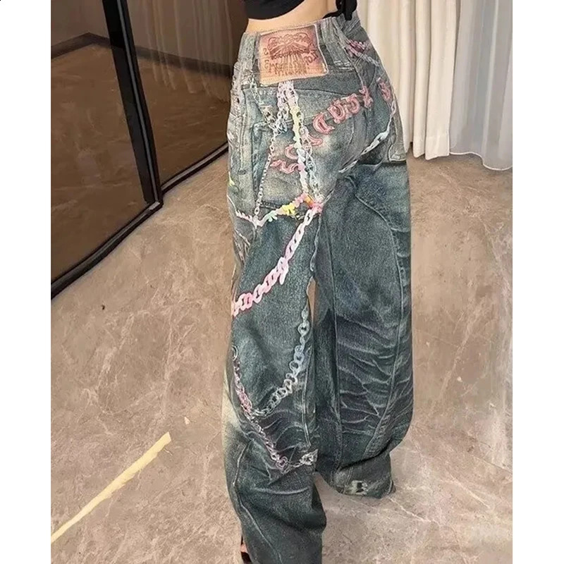Hiphop Chain Print Jeans Women American Vintage High Street Punk Denim Pants Jazz Inspired Loose Harajuku Y2K Lazy Trousers 250920