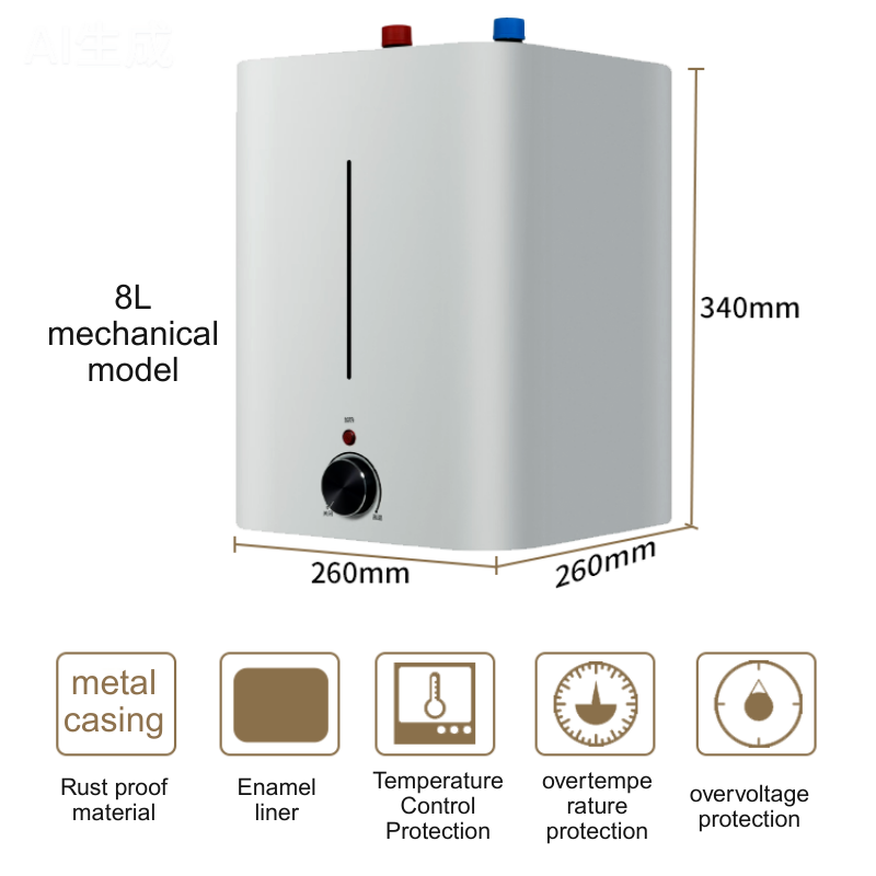 8L Mechanical Electric Water Heater, Rust - Proof Metal Shell, Enamel Liner, Multiple Protections, 1500W, 220V, IPx4 Waterproof-HY8-1T