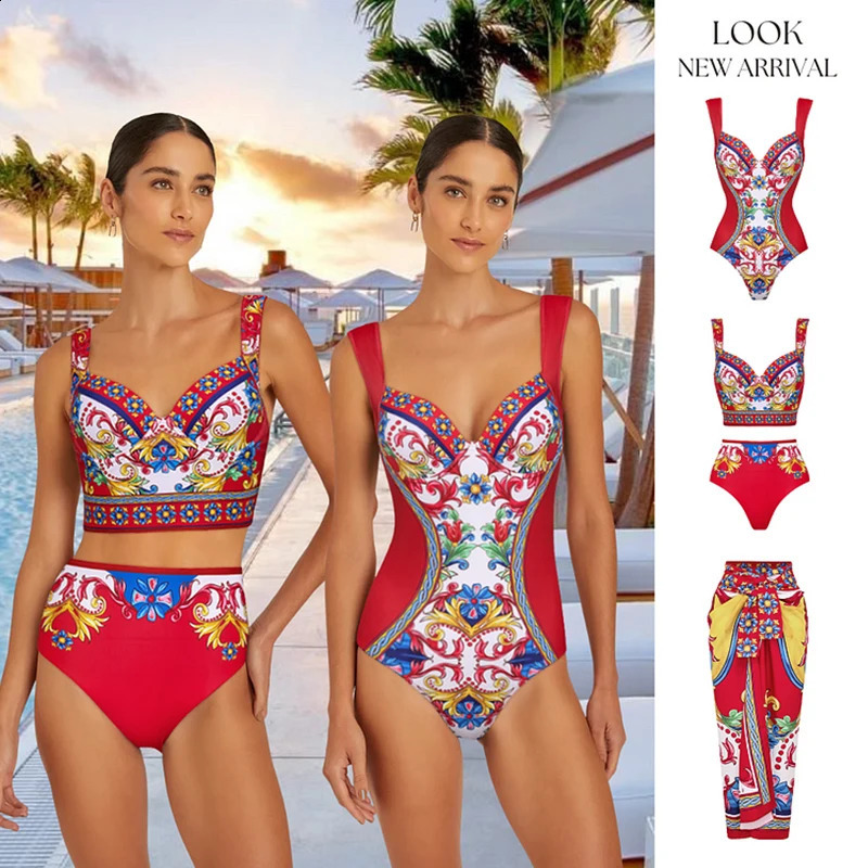 Vintage Sling Pattern Print Bikini Set Women Swimwear Push Up Swimsuit Summer Backless Bathing Suit Beach Wear 250920