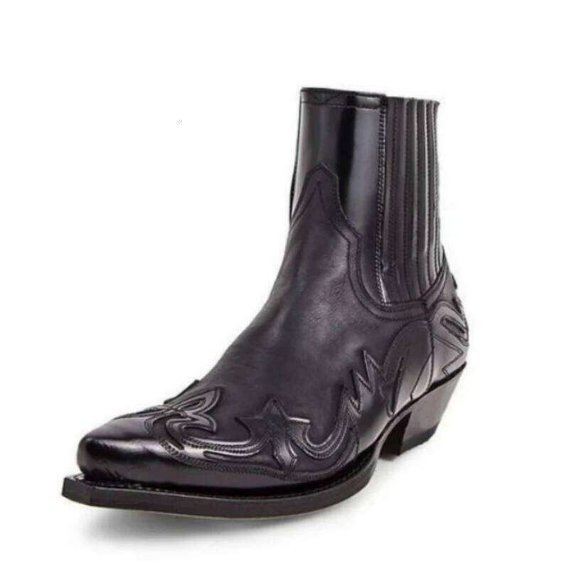 Men's Handmade Ankle Western Cowboy Boots Embroidery Pointed Shoes Unisex Wear-resistant Leather Boot Plus Size 48