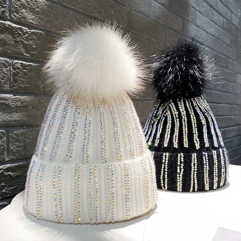 Mao Qiu Shui Diamond Striped Knitted Hat with P for Autumn and Winter Warm Woolen Hat Korean Outdoor band Cold Hat Y250920