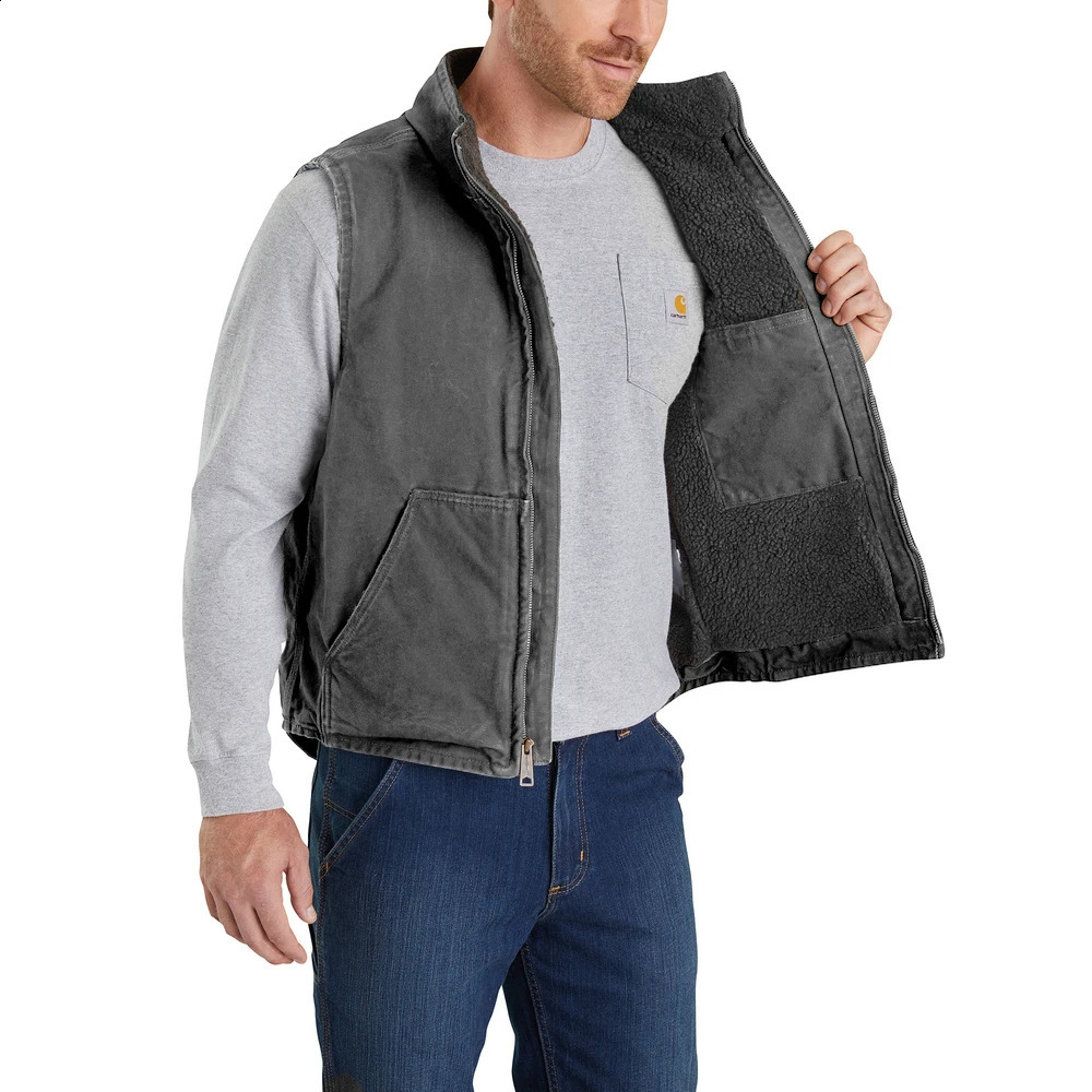 Mens sherpa lined duck cotton work vest vintage washed mock canvas hunting tactical sleeveless fleece jacket winter waistcoats 250920