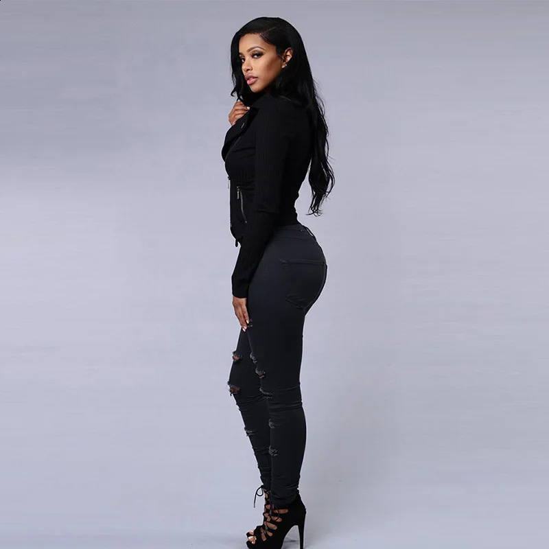 Sexy High Waist Ripped Womens Skinny Jeans Black White Hole Hip Package Bodycon Stretch Denim Pants Female Trendy Streetwear 250920 - view 7