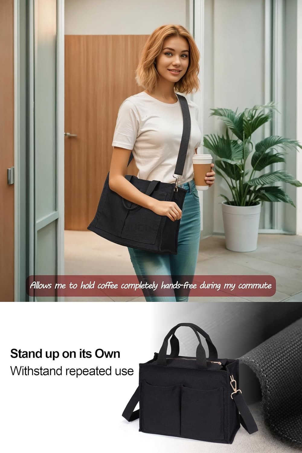 Fcolor College Tote Bag for Women Crossbody Canvas Tote Bag with Zipper 7 Pocket for Work College Teacher Nurse GiftZ250920