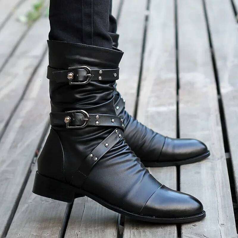 Pointed Toe Men's Mid-calf Buckle Strap Boot for Men Leather Mens Motorcycle Boots High Top Man Winter Shoe