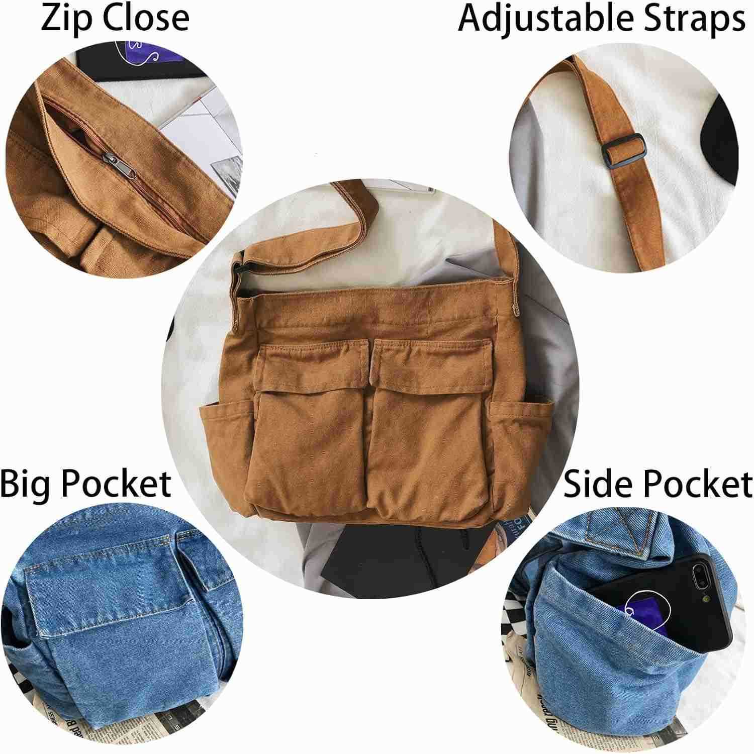Canvas Messenger Bag Large Hobo Bag Crossbody Shoulder Bag Tote Bag with Pocket for Women and MenZ250920