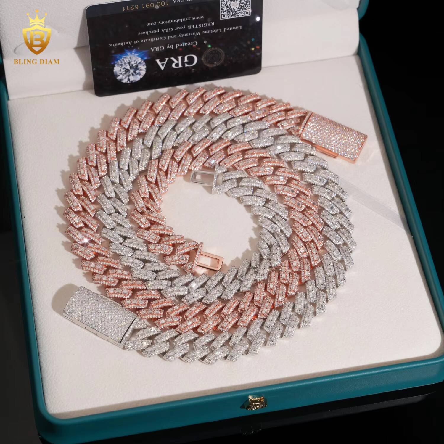 16mm Hip Hop Jewelry 925 Sterling Silver Rose Gold Vvs Moissanite Baguette Iced Out Mini Cuban Link Chain Bracelet Necklace