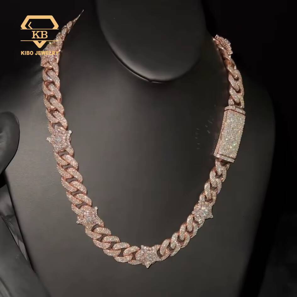 Hip Hop Past Diamond Tester 925 Silver Cuban Link Chain Rose Gold With Diamond Stars Cuban Chains Moissanite