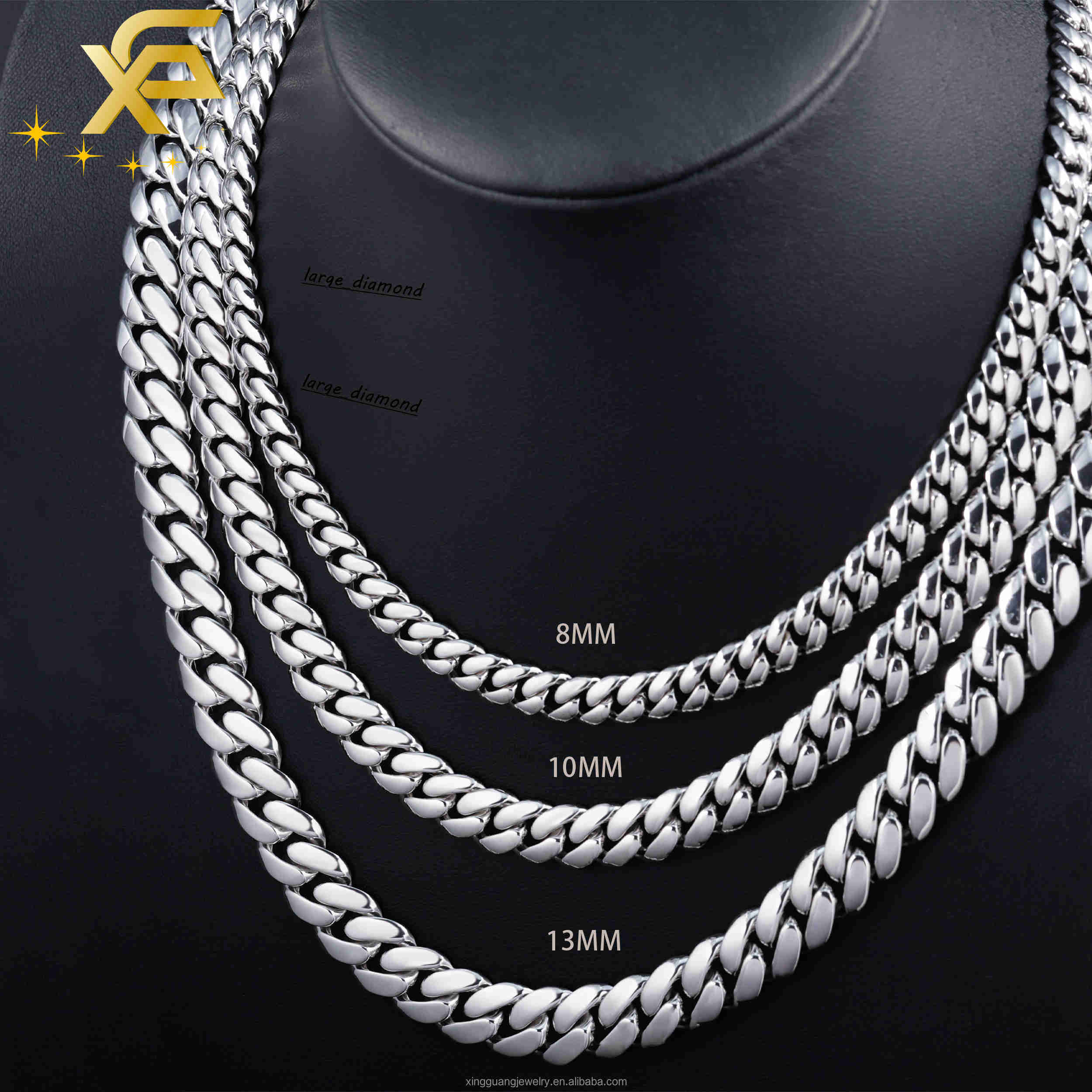 Hot VVS Moissanite Lock Spring Clasp White Gold Plated 8MM 10MM 13MM Miami Cuban Link Solid Silver Plain Chain Cuban Necklace