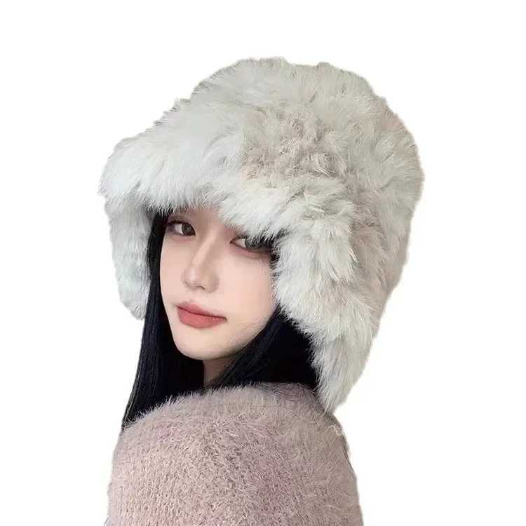 Autumn and Winter Warm Real Rabbit Fur White P Hat Fem Face Small Ear Protection Cloud Hat Fur Knitted Hat Y250920