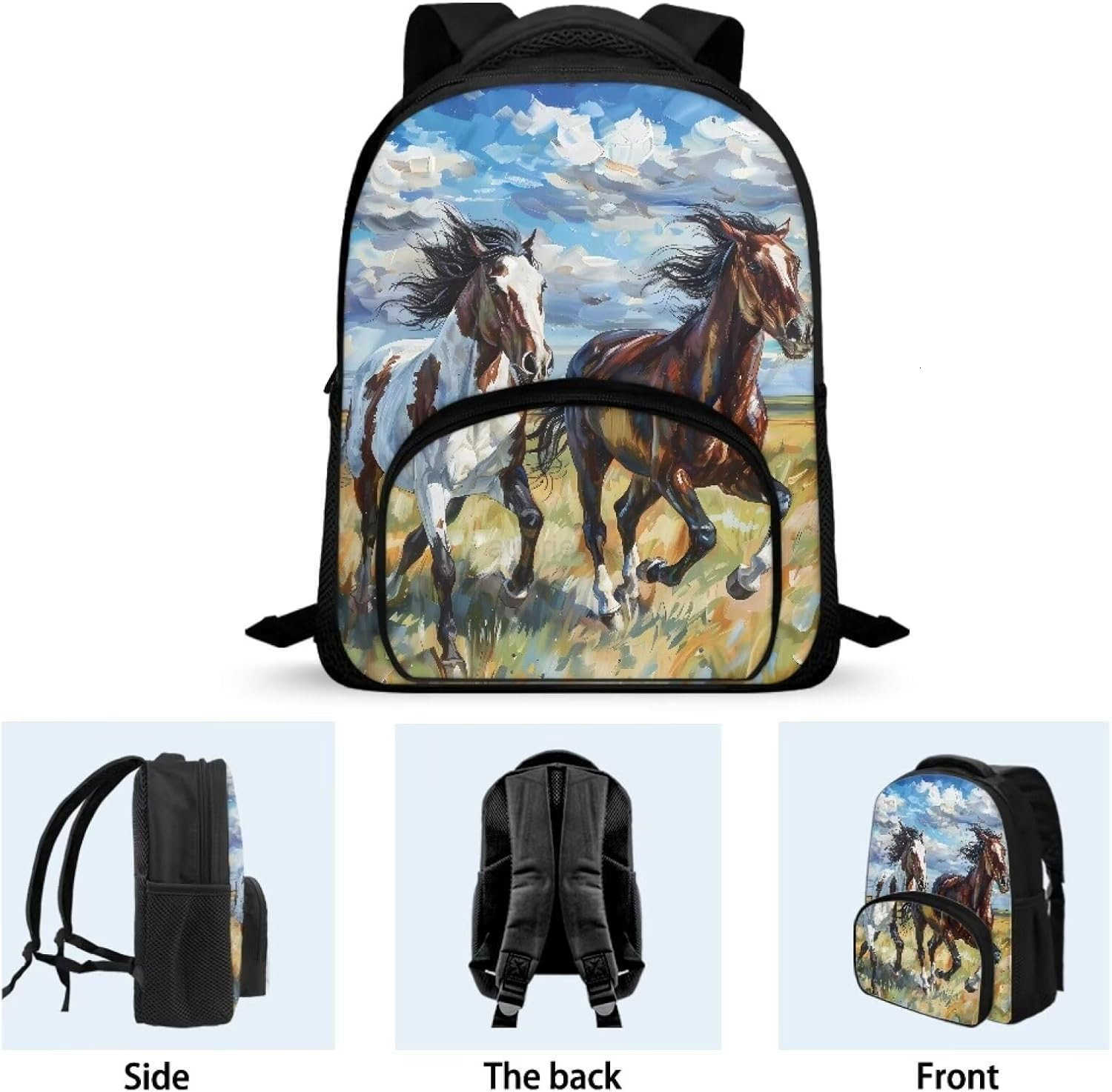 12 Inch School Bag for Girls Boys Prancing Horses Bookbag for School Oil Painting Backpack with Shoulder Straps Portable Travel Daypack with Handle Tr