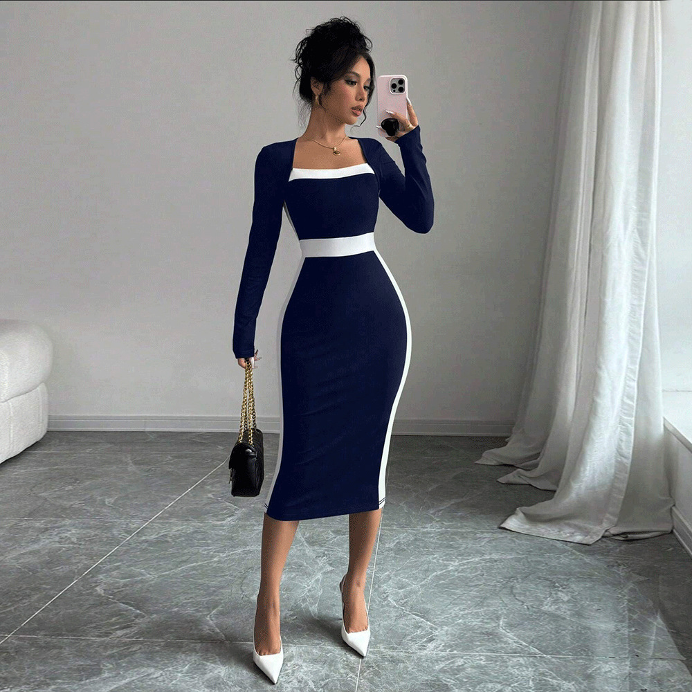 Hot new free shipping designer dresses for womens length skirt black blue rose red Splicing color blocking sexy hip hugging long sleeved dress