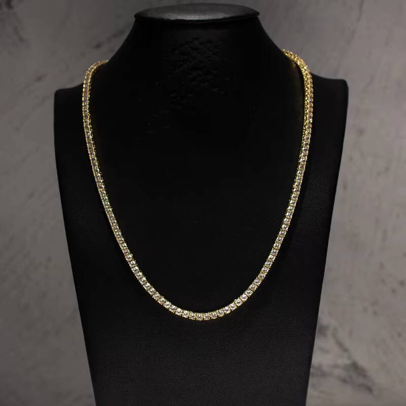 Hot Sale Moissanite Tennis Chain 925 Silver Gold Plated Mossinate 4mm Tennis Chain Moissanite