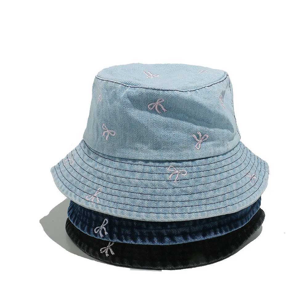 New Summer Embroidery Tie ed Denim Hat For Wen Autumn Fisherman Hat Beachside Sunshade C Fem Gift Y250920