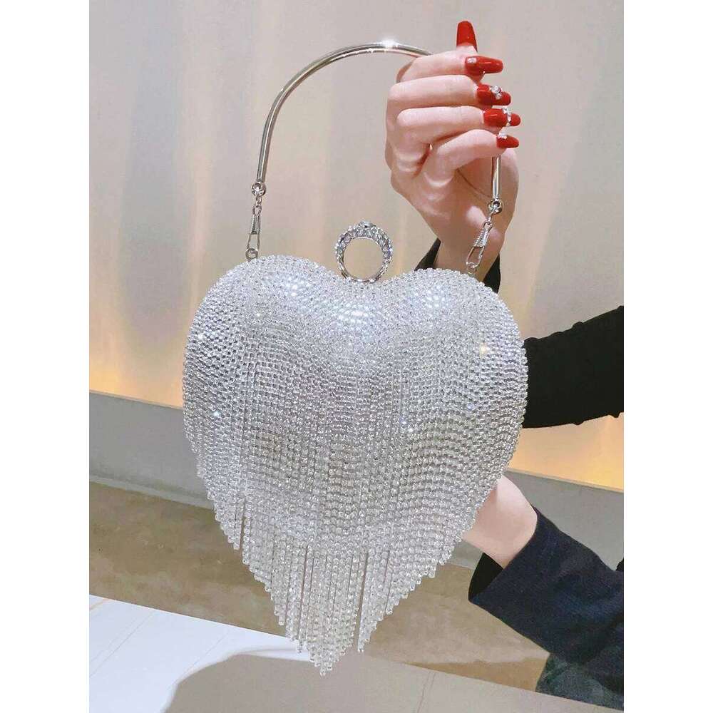 Designer Luxury Rhinestone Clutch Heart Shape Tassel Purse Dia Wedding Party Handbag Sliver Gold Handle Evening Bag