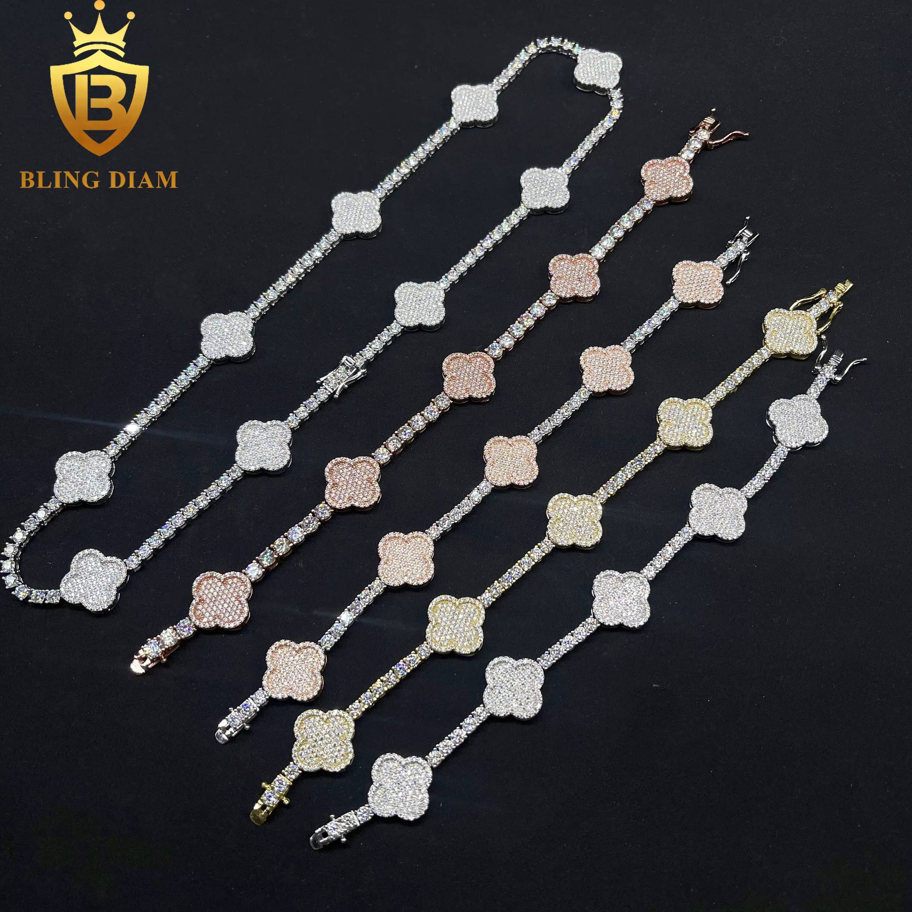 Luxury Charms Bangle Jewelry 3mm 4mm 925 Sterling Silver Rose Gold Vvs Moissanite FourLeaf Clover Bracelets for Men Women