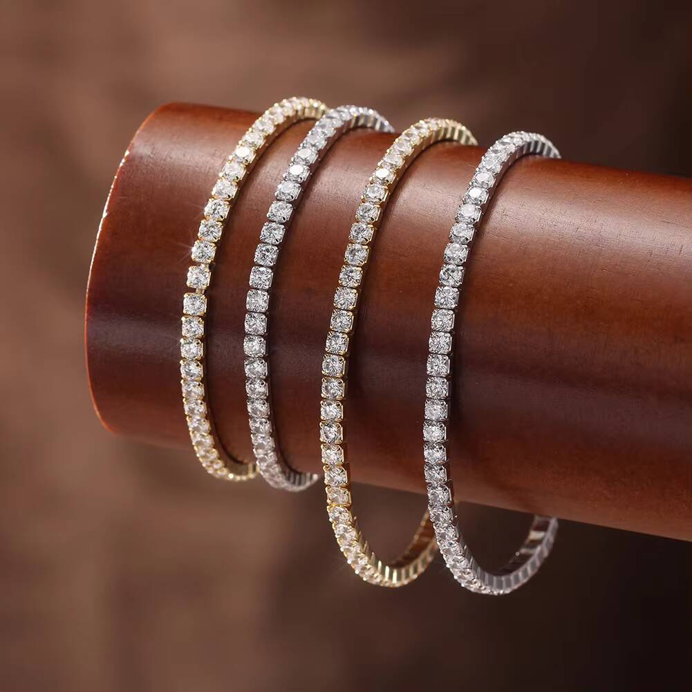 RINNTIN SB217 Rhodium Plated 925 Sterling Silver 3mm Moissaniteia Stretchy Chain Bracelet for Women Tennis Bracelet Jewelry