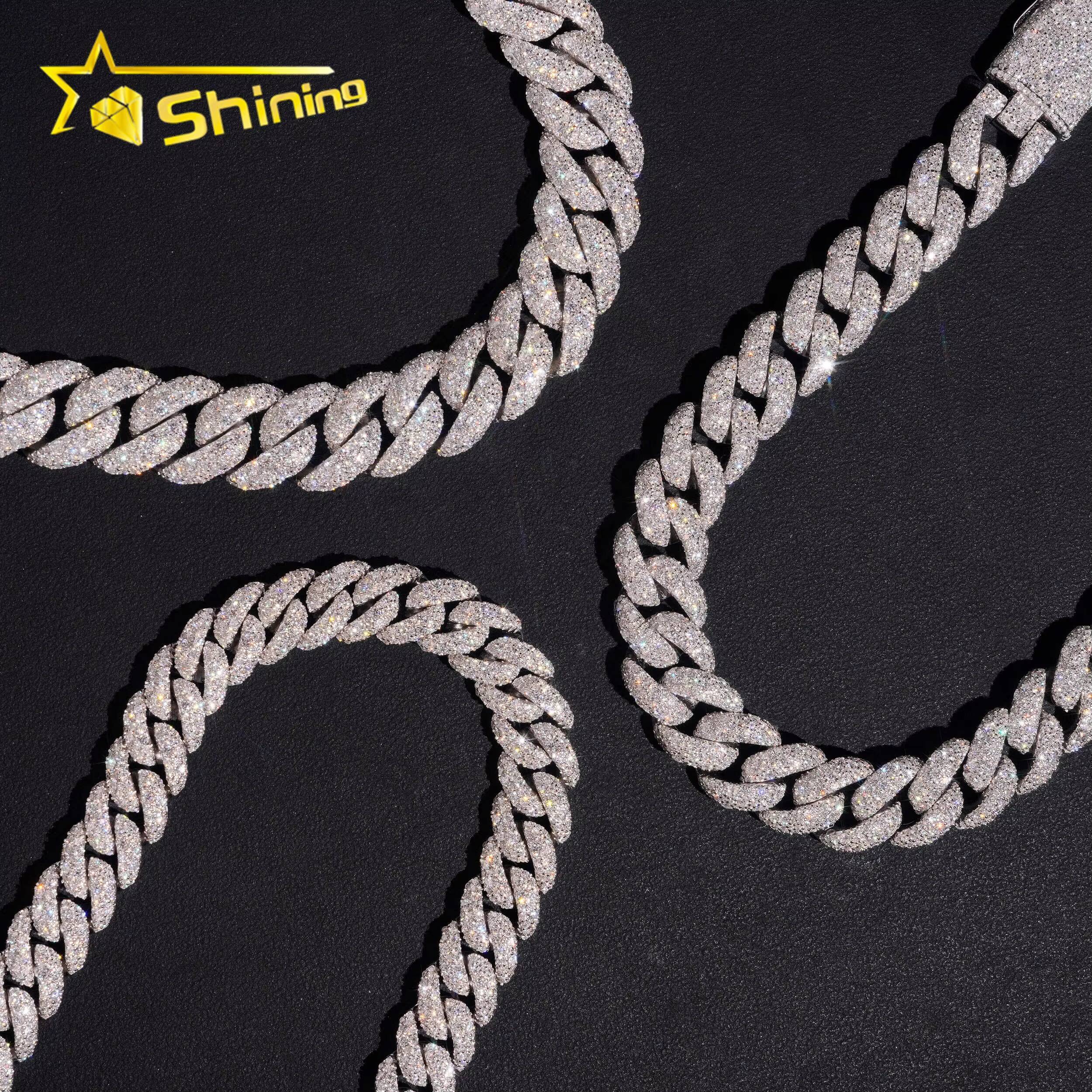 Hip Hop Jewelry 12mm 14mm 15mm Mosaic Setting Moissanite Diamond 925 Silver Cuban Link Chain