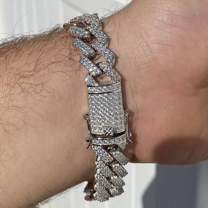 15mm Luxury Diamond Hip Hop Jewelry 925 Silver Baguette Cut Double D Moissanite Iced Out Cuban Link Bracelet