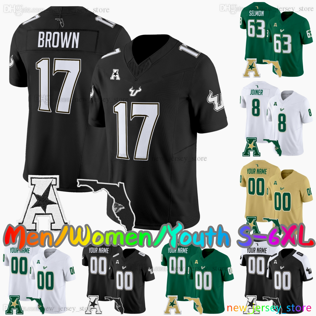 2025 Custom S-6XL South Florida Bulls College Football Jersey 17 Byrum Brown 2 Chas Nimrod 7 Jhalyn Shuler 9 James Chenault 13 Locklan Hewlett 3 Moore Stitched Jerseys