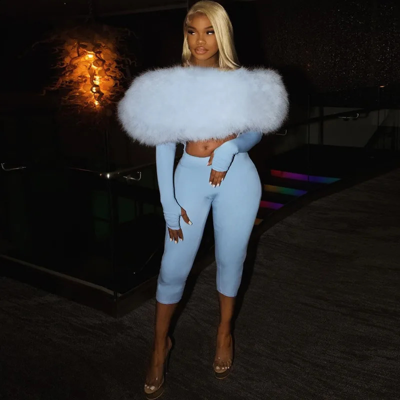 Faux Fur Patchwork Hollow Out Skinny Calflength Jumpsuit Fashion Off Shoulder Long Sleeve Backless Slim Party Overalls 250921