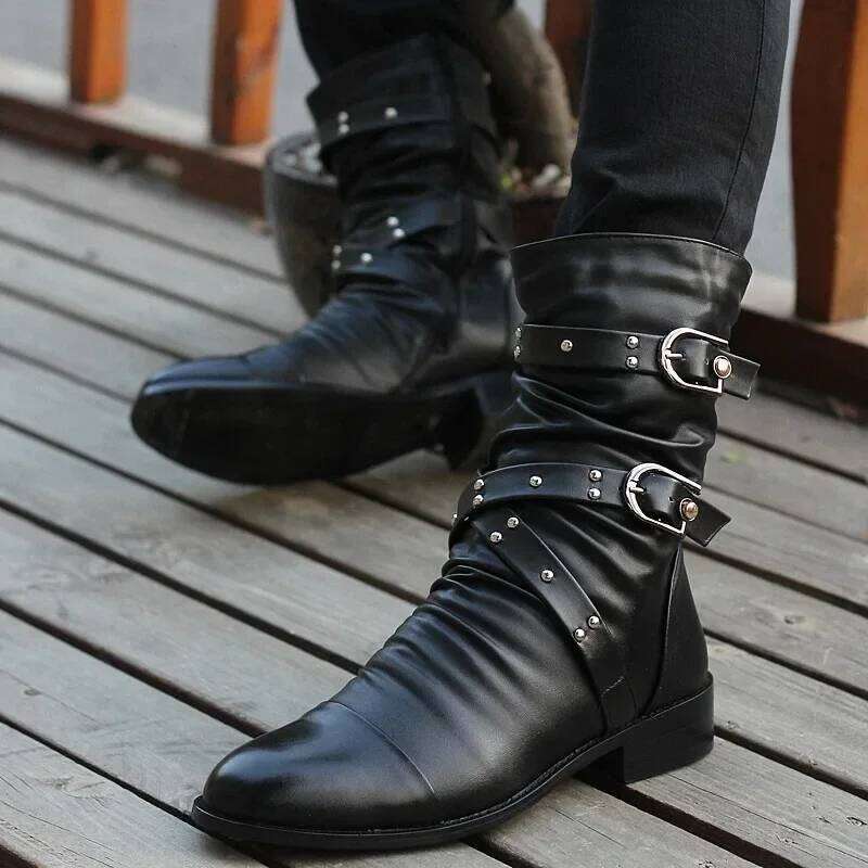 Pointed Toe Men's Mid-calf Buckle Strap Boot for Men Leather Mens Motorcycle Boots High Top Man Winter Shoe